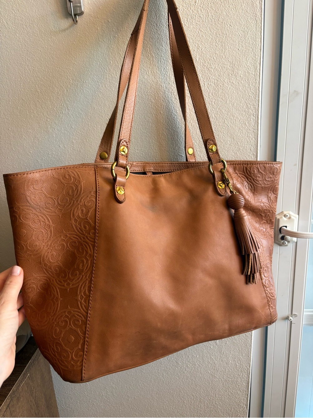 The Sak Sienna Leather Tote Handbag with Tassel Accent Tan Cognac - Picture 5 of 10